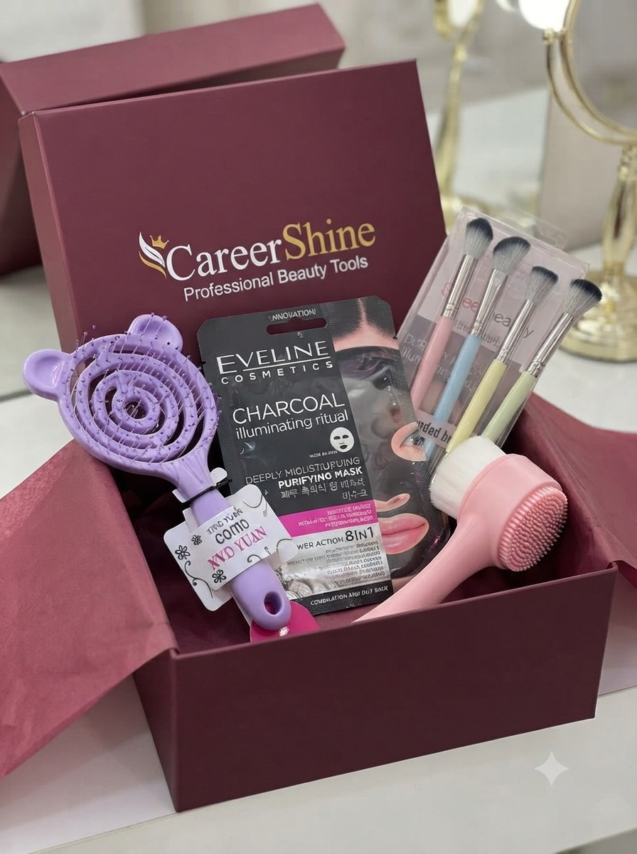 Ayı formalı saç darağı (Xing Yuan comb)  Eveline Cosmetics Charcoal Illuminating Ritual üz maskası (8in1 Purifying Mask)  Sweet Beauty ikitərəfli makiyaj fırçaları dəsti (Double-ended brush, 4 ədəd)  İkitərəfli silikon üz təmizləmə və masaj fırçası